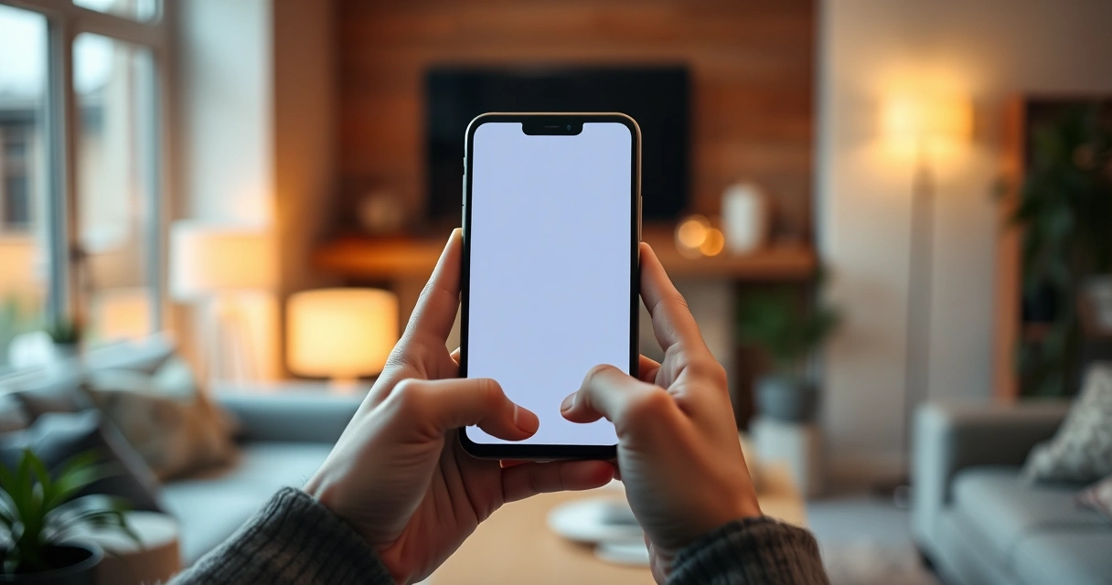 pessoa segurando o celular na sala enquanto instala um aplicativo