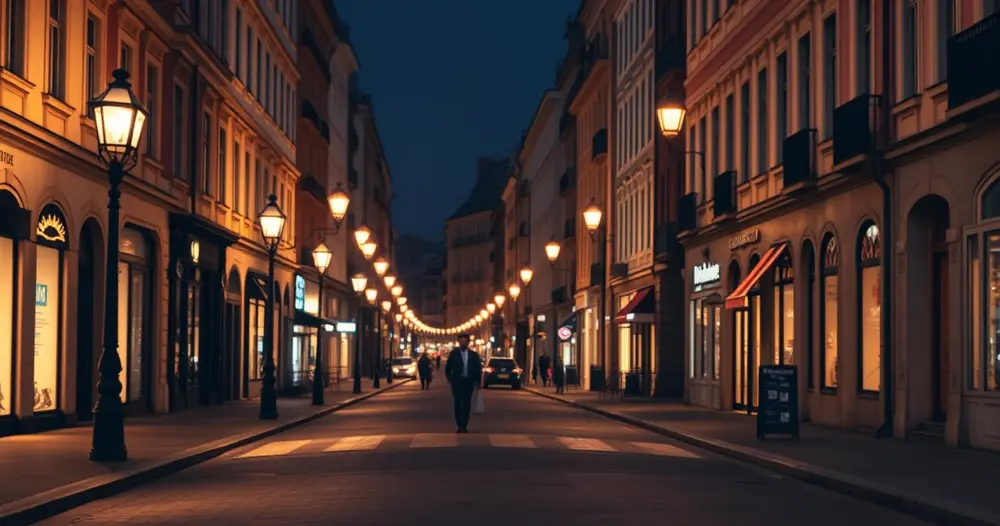 rua europeia à noite com iluminação quente e casal ao fundo