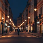 rua europeia à noite com iluminação quente e casal ao fundo