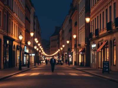 rua europeia à noite com iluminação quente e casal ao fundo